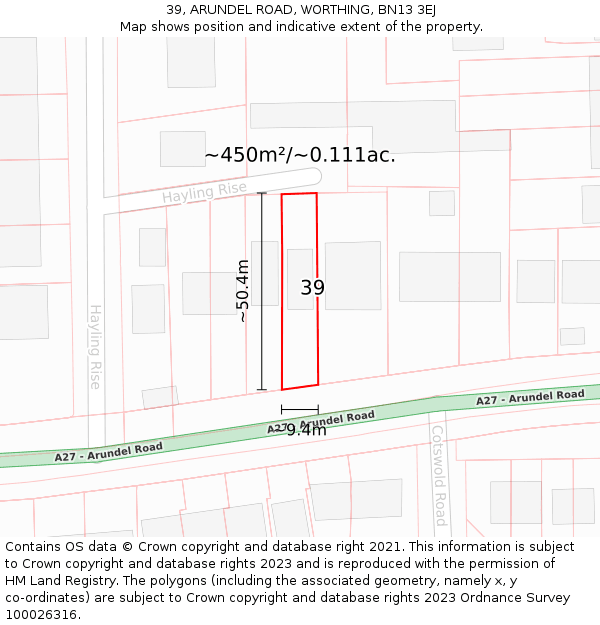 39, ARUNDEL ROAD, WORTHING, BN13 3EJ: Plot and title map