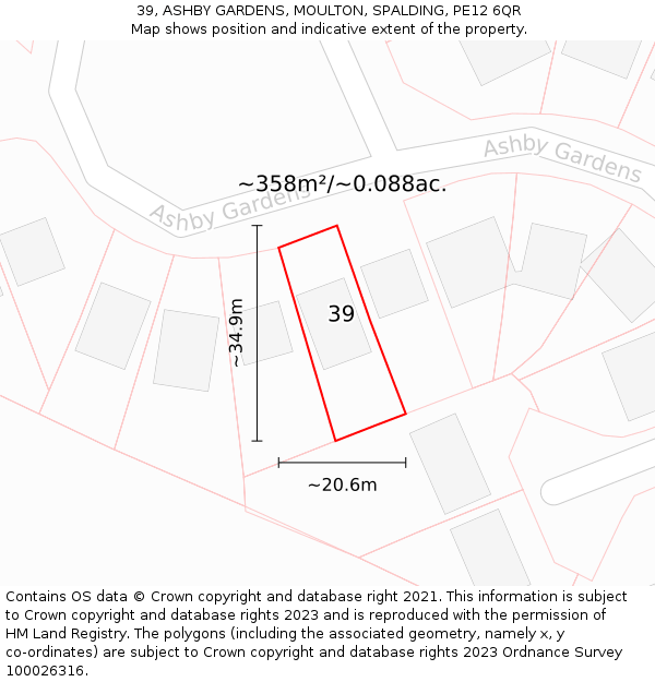 39, ASHBY GARDENS, MOULTON, SPALDING, PE12 6QR: Plot and title map