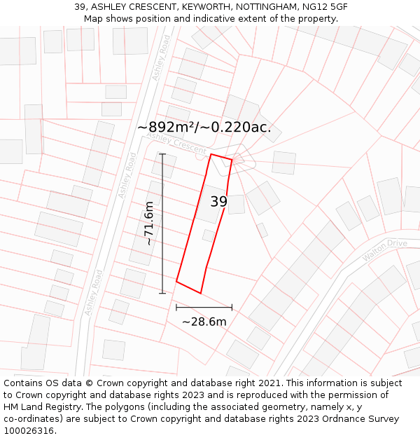 39, ASHLEY CRESCENT, KEYWORTH, NOTTINGHAM, NG12 5GF: Plot and title map