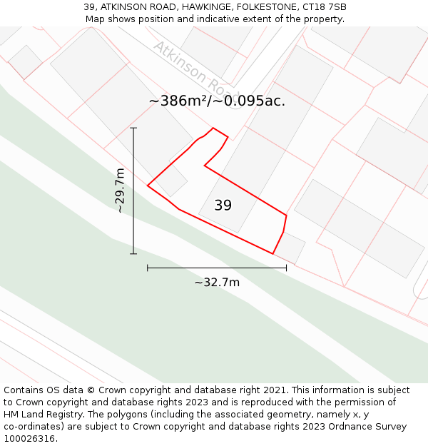 39, ATKINSON ROAD, HAWKINGE, FOLKESTONE, CT18 7SB: Plot and title map