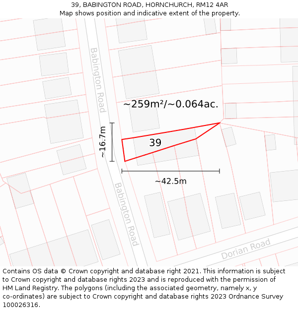 39, BABINGTON ROAD, HORNCHURCH, RM12 4AR: Plot and title map