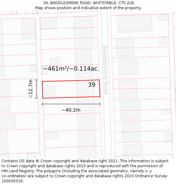 39, BADDLESMERE ROAD, WHITSTABLE, CT5 2LB: Plot and title map