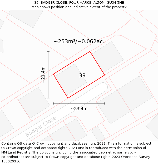 39, BADGER CLOSE, FOUR MARKS, ALTON, GU34 5HB: Plot and title map
