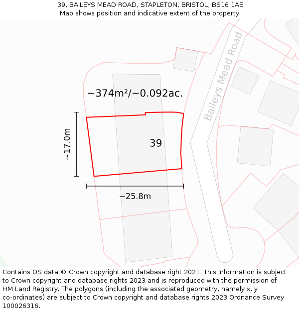 39, BAILEYS MEAD ROAD, STAPLETON, BRISTOL, BS16 1AE: Plot and title map