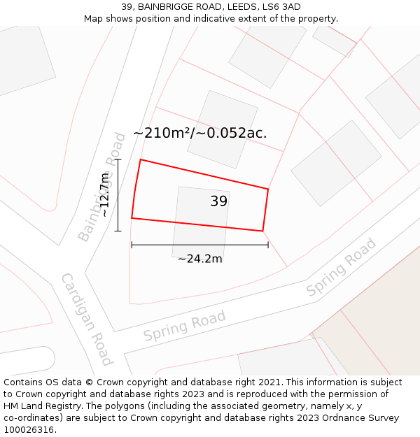 39, BAINBRIGGE ROAD, LEEDS, LS6 3AD: Plot and title map