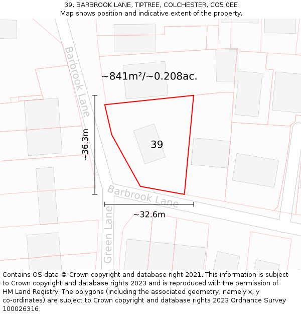 39, BARBROOK LANE, TIPTREE, COLCHESTER, CO5 0EE: Plot and title map