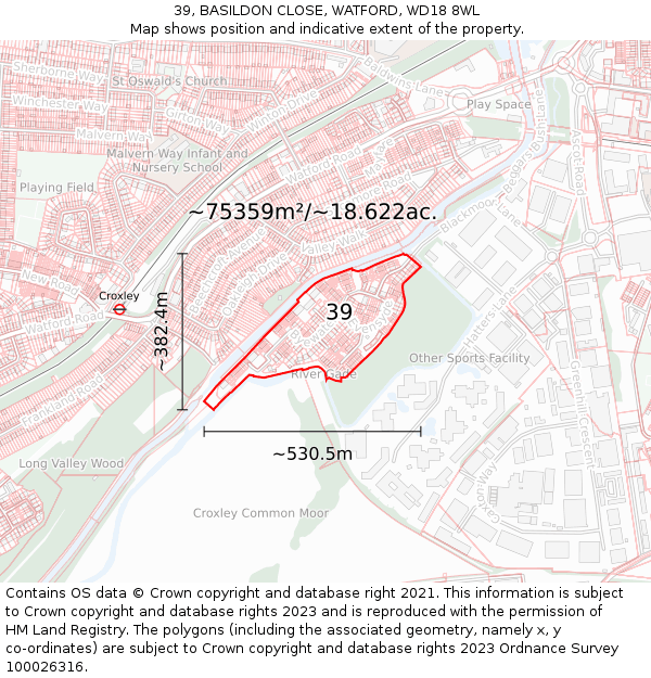 39, BASILDON CLOSE, WATFORD, WD18 8WL: Plot and title map