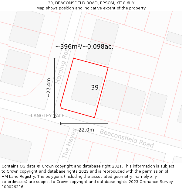 39, BEACONSFIELD ROAD, EPSOM, KT18 6HY: Plot and title map
