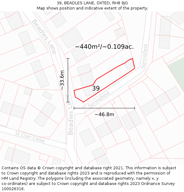 39, BEADLES LANE, OXTED, RH8 9JG: Plot and title map