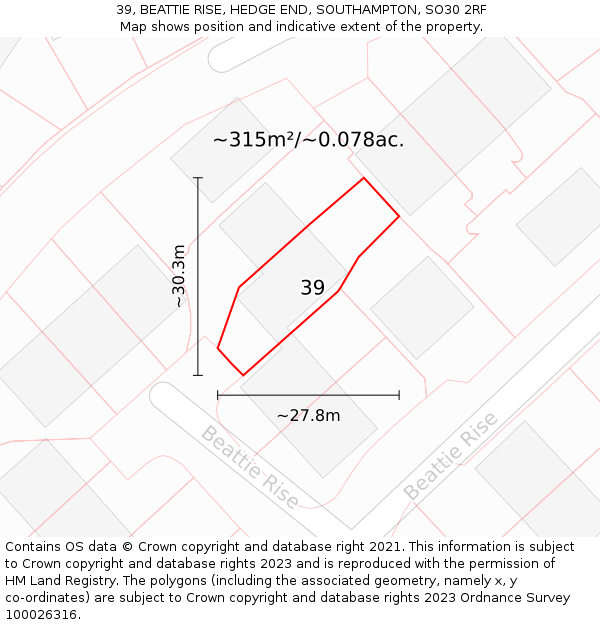 39, BEATTIE RISE, HEDGE END, SOUTHAMPTON, SO30 2RF: Plot and title map