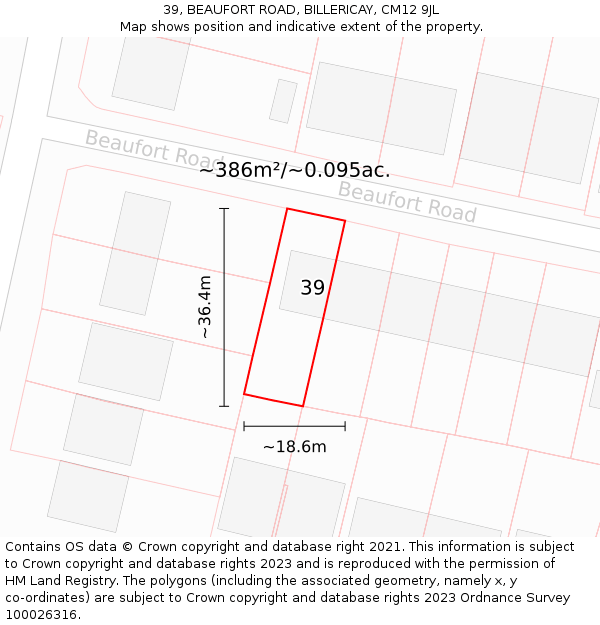 39, BEAUFORT ROAD, BILLERICAY, CM12 9JL: Plot and title map