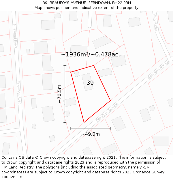 39, BEAUFOYS AVENUE, FERNDOWN, BH22 9RH: Plot and title map