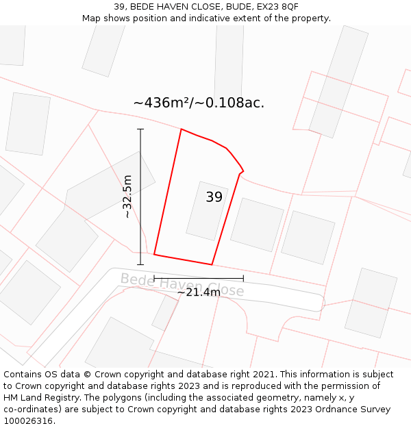 39, BEDE HAVEN CLOSE, BUDE, EX23 8QF: Plot and title map