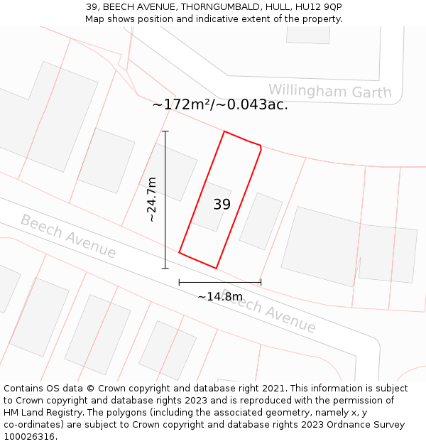 39, BEECH AVENUE, THORNGUMBALD, HULL, HU12 9QP: Plot and title map