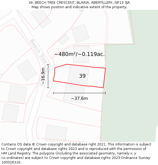39, BEECH TREE CRESCENT, BLAINA, ABERTILLERY, NP13 3JA: Plot and title map