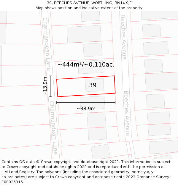 39, BEECHES AVENUE, WORTHING, BN14 9JE: Plot and title map