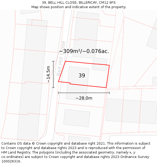 39, BELL HILL CLOSE, BILLERICAY, CM12 9FS: Plot and title map