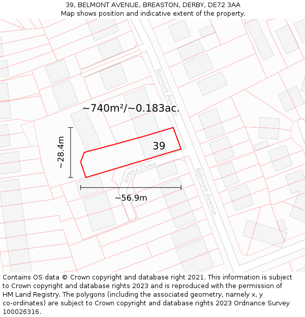 39, BELMONT AVENUE, BREASTON, DERBY, DE72 3AA: Plot and title map