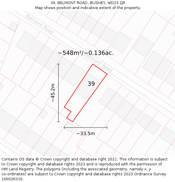 39, BELMONT ROAD, BUSHEY, WD23 2JR: Plot and title map