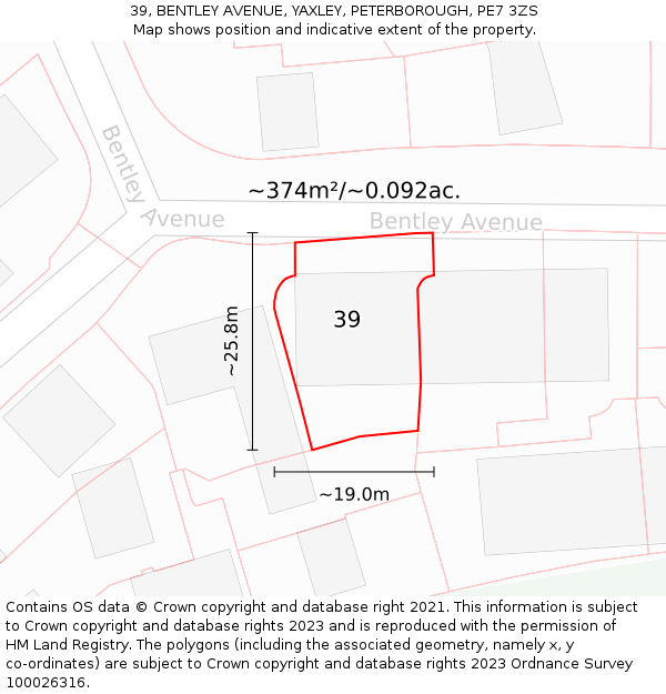 39, BENTLEY AVENUE, YAXLEY, PETERBOROUGH, PE7 3ZS: Plot and title map