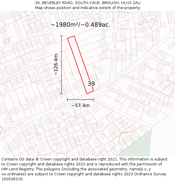 39, BEVERLEY ROAD, SOUTH CAVE, BROUGH, HU15 2AU: Plot and title map