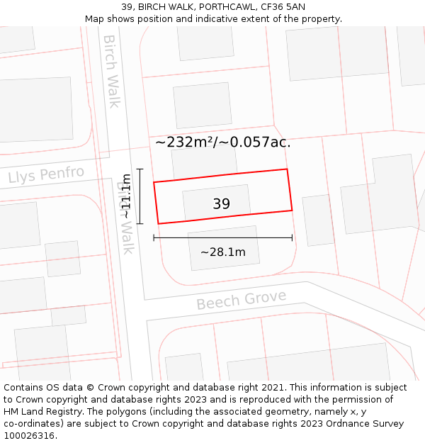 39, BIRCH WALK, PORTHCAWL, CF36 5AN: Plot and title map
