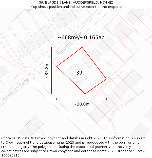 39, BLAGDEN LANE, HUDDERSFIELD, HD4 6JZ: Plot and title map