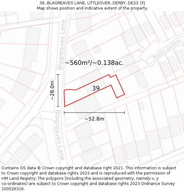 39, BLAGREAVES LANE, LITTLEOVER, DERBY, DE23 1FJ: Plot and title map