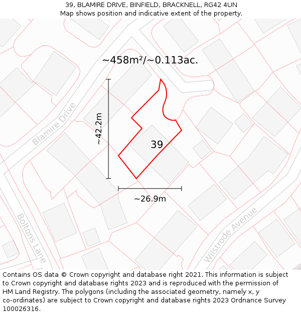 39, BLAMIRE DRIVE, BINFIELD, BRACKNELL, RG42 4UN: Plot and title map