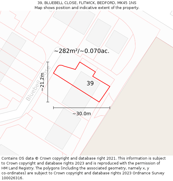 39, BLUEBELL CLOSE, FLITWICK, BEDFORD, MK45 1NS: Plot and title map