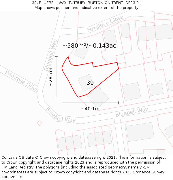 39, BLUEBELL WAY, TUTBURY, BURTON-ON-TRENT, DE13 9LJ: Plot and title map