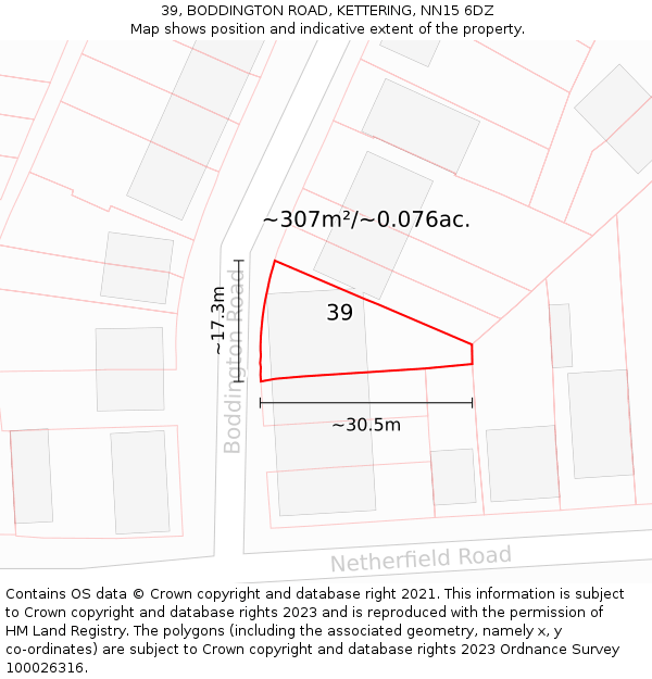 39, BODDINGTON ROAD, KETTERING, NN15 6DZ: Plot and title map