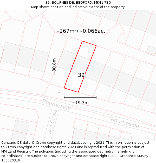 39, BOURNESIDE, BEDFORD, MK41 7EQ: Plot and title map