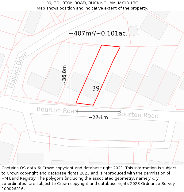 39, BOURTON ROAD, BUCKINGHAM, MK18 1BG: Plot and title map