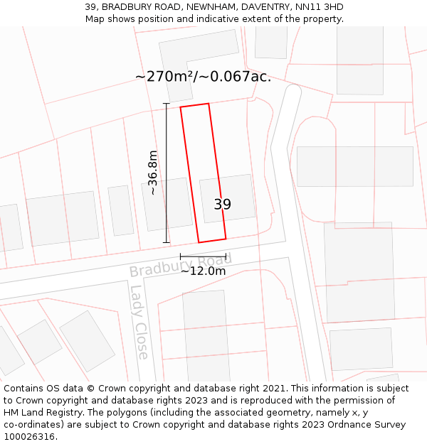 39, BRADBURY ROAD, NEWNHAM, DAVENTRY, NN11 3HD: Plot and title map