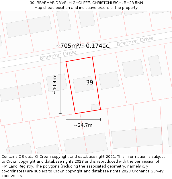 39, BRAEMAR DRIVE, HIGHCLIFFE, CHRISTCHURCH, BH23 5NN: Plot and title map