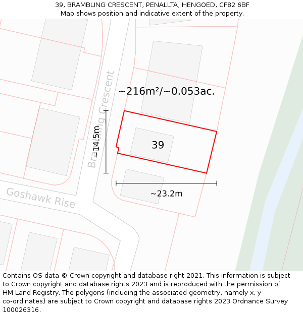 39, BRAMBLING CRESCENT, PENALLTA, HENGOED, CF82 6BF: Plot and title map