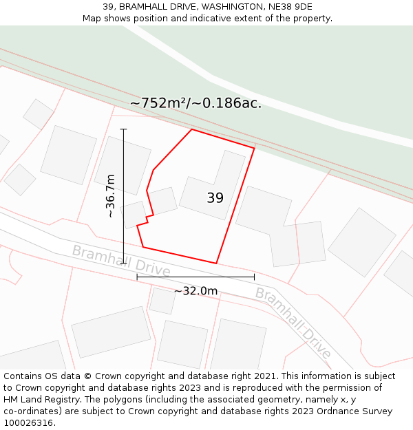 39, BRAMHALL DRIVE, WASHINGTON, NE38 9DE: Plot and title map