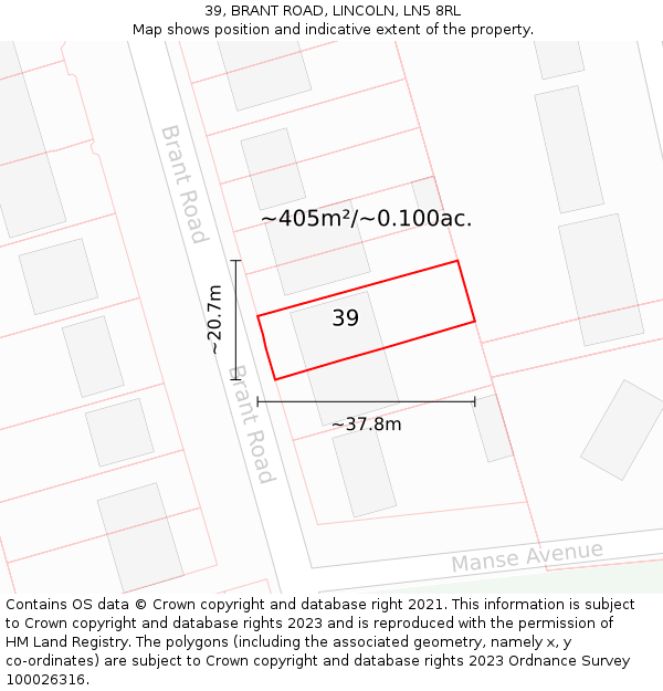 39, BRANT ROAD, LINCOLN, LN5 8RL: Plot and title map