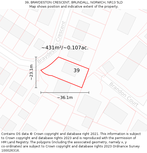 39, BRAYDESTON CRESCENT, BRUNDALL, NORWICH, NR13 5LD: Plot and title map