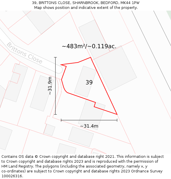 39, BRITTONS CLOSE, SHARNBROOK, BEDFORD, MK44 1PW: Plot and title map