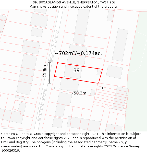 39, BROADLANDS AVENUE, SHEPPERTON, TW17 9DJ: Plot and title map