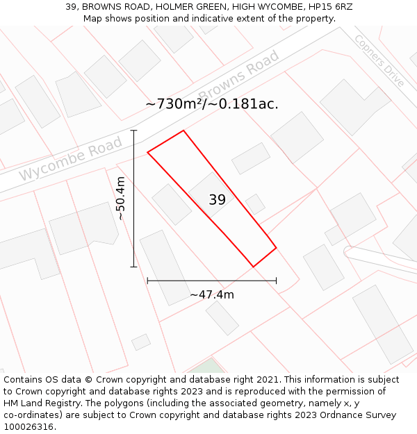39, BROWNS ROAD, HOLMER GREEN, HIGH WYCOMBE, HP15 6RZ: Plot and title map
