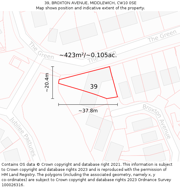 39, BROXTON AVENUE, MIDDLEWICH, CW10 0SE: Plot and title map