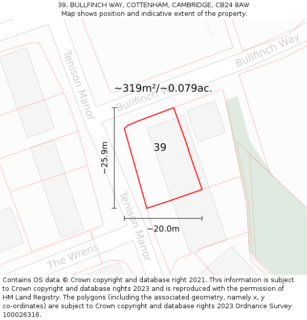 39, BULLFINCH WAY, COTTENHAM, CAMBRIDGE, CB24 8AW: Plot and title map