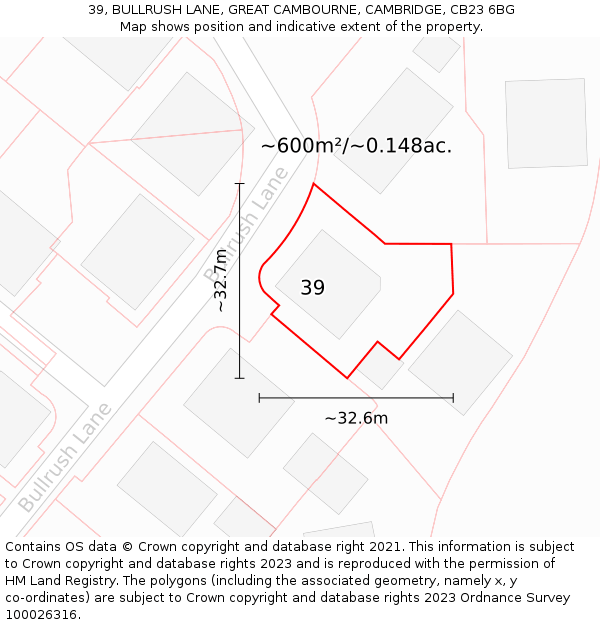 39, BULLRUSH LANE, GREAT CAMBOURNE, CAMBRIDGE, CB23 6BG: Plot and title map
