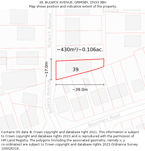 39, BULWICK AVENUE, GRIMSBY, DN33 3BH: Plot and title map