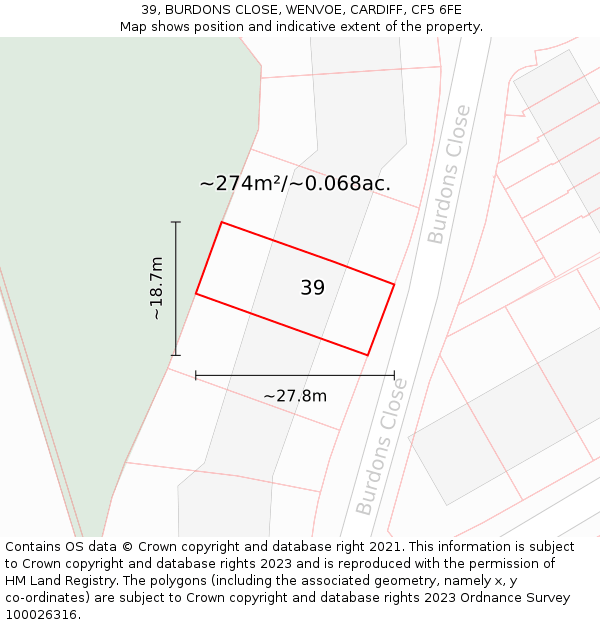 39, BURDONS CLOSE, WENVOE, CARDIFF, CF5 6FE: Plot and title map