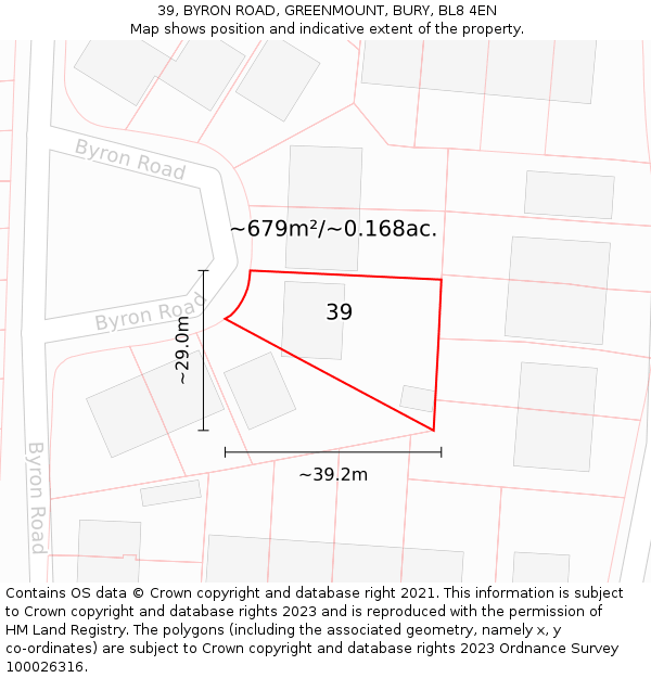 39, BYRON ROAD, GREENMOUNT, BURY, BL8 4EN: Plot and title map