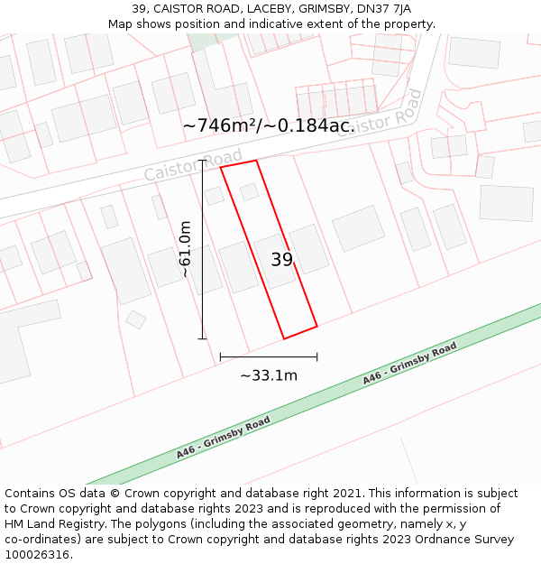 39, CAISTOR ROAD, LACEBY, GRIMSBY, DN37 7JA: Plot and title map